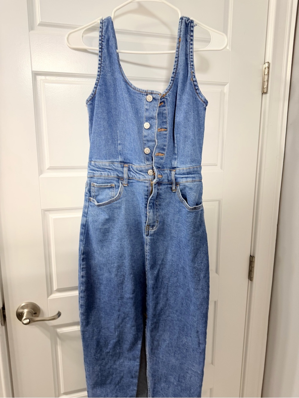 GENERATION Y Light Blue Denim Jumpsuit with Orange Stitching
